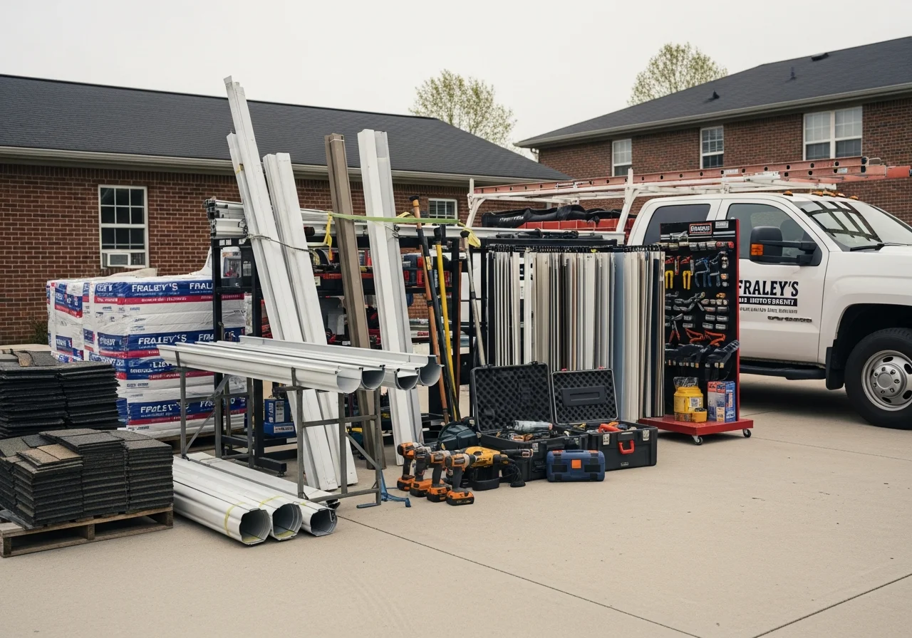 Exterior home improvement crew and tools on display, showcasing roofing, siding, and gutter installation equipment.