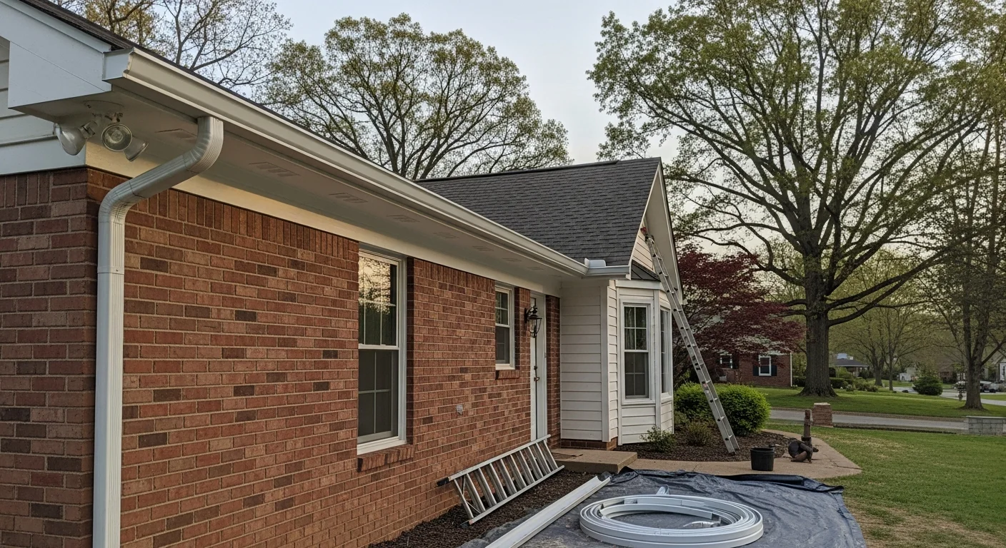 New gutters installed along roofline of residential home