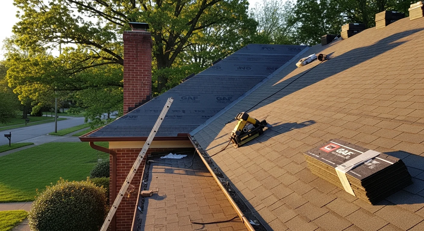 Professional roofer installing new shingles on residential home