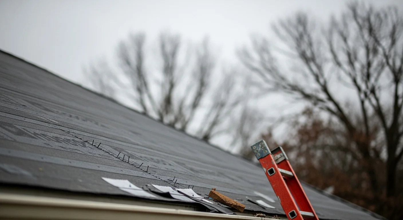 Emergency roof repair being performed on a storm-damaged home in Henderson, KY, with Fraley's Home Improvement crew securing exposed areas after a severe western Kentucky storm.