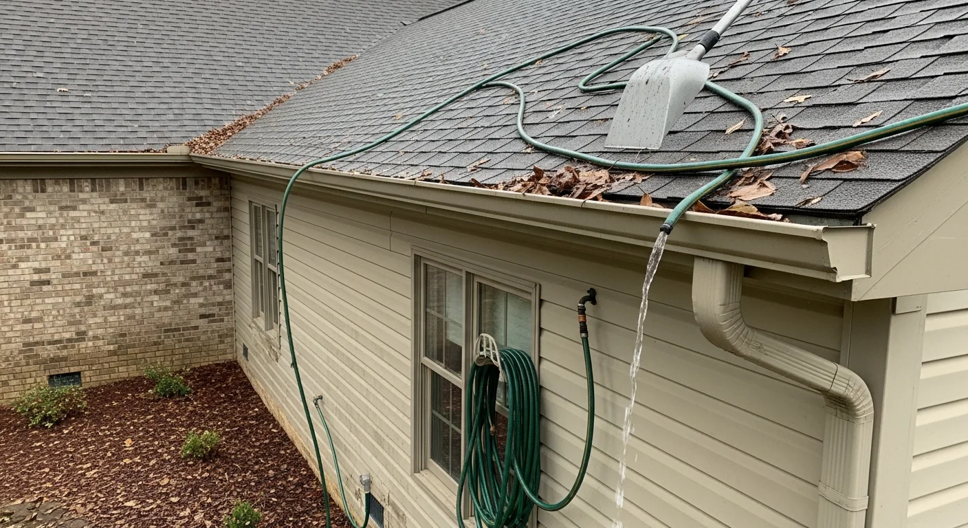Gutter cleaning being performed on a residential home in Henderson, KY, by Fraley's Home Improvement crew.