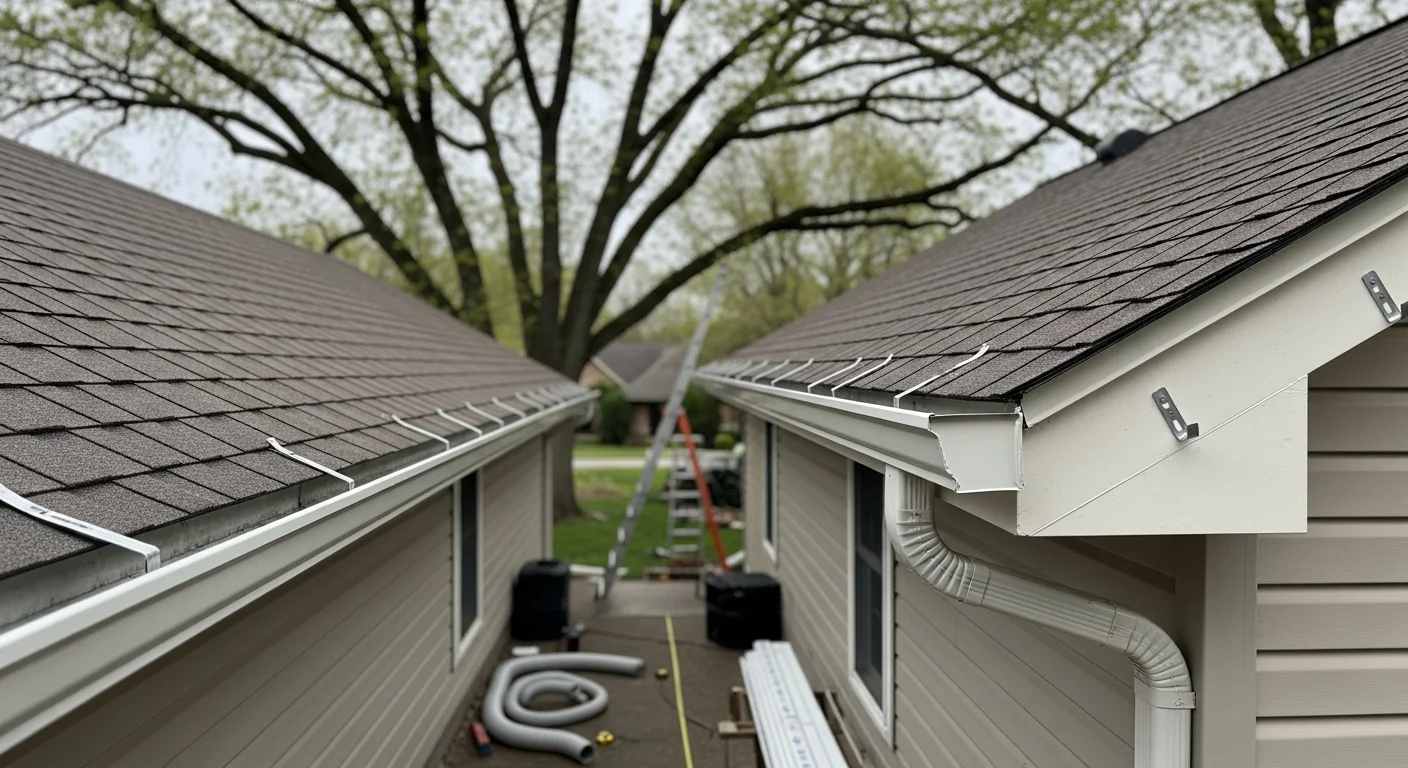 New gutter installation on a residential home in Henderson, KY, completed by Fraley's Home Improvement.
