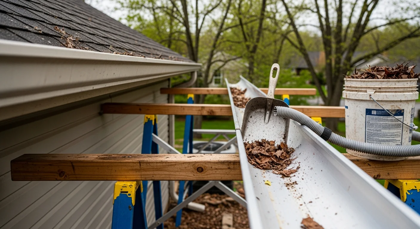 Gutter maintenance being performed on a residential home in Henderson, KY, by Fraley's Home Improvement.
