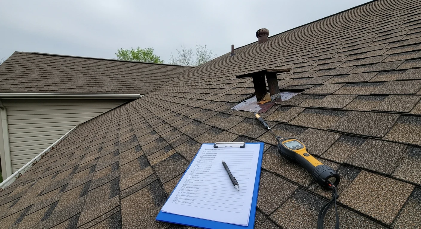 A Fraley's Home Improvement inspector examining a residential roof in Henderson, KY, checking shingles and flashing for storm damage and wear.