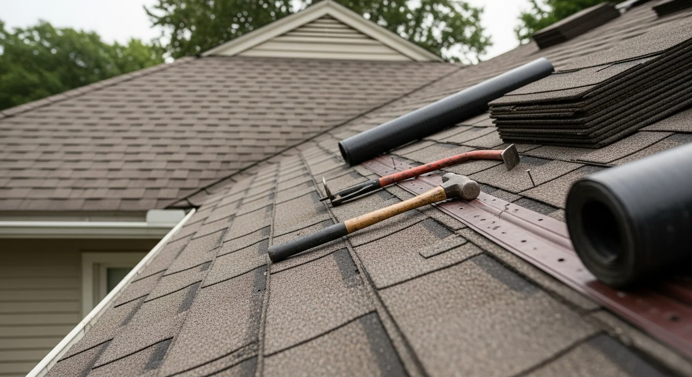 A Fraley's Home Improvement crew repairing storm-damaged shingles on a two-story home in Henderson, KY, showing replaced shingles and sealed flashing on a residential roof after a western Kentucky wind and hail storm.