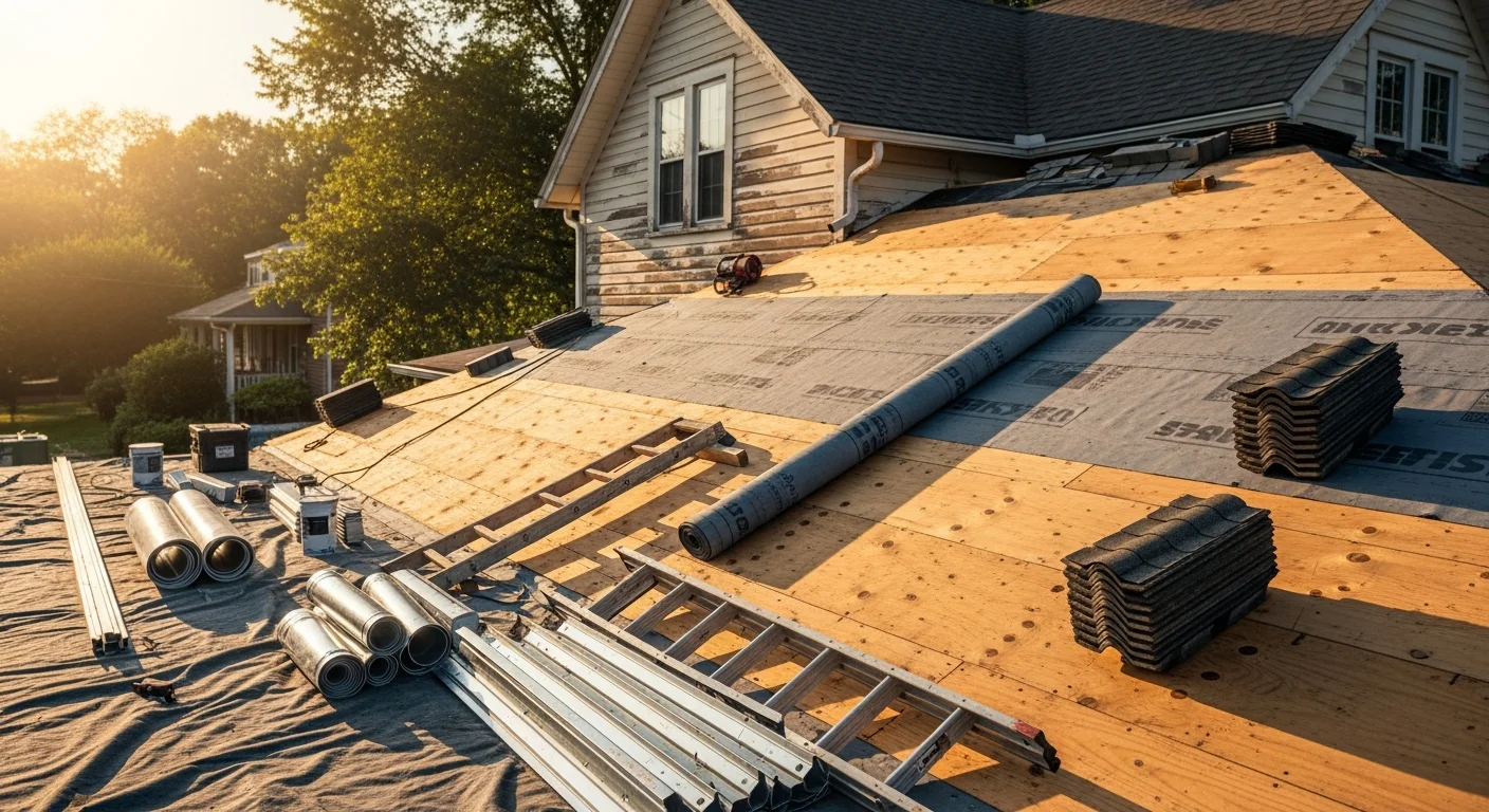 A completed roof replacement on a residential home in Henderson, KY, showing fresh shingles, new ridge cap, and clean drip edge installed by Fraley's Home Improvement.