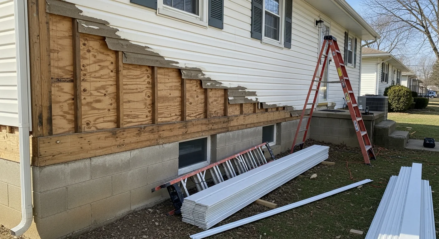 Siding repair on a residential home in Henderson, KY, performed by Fraley's Home Improvement crew.